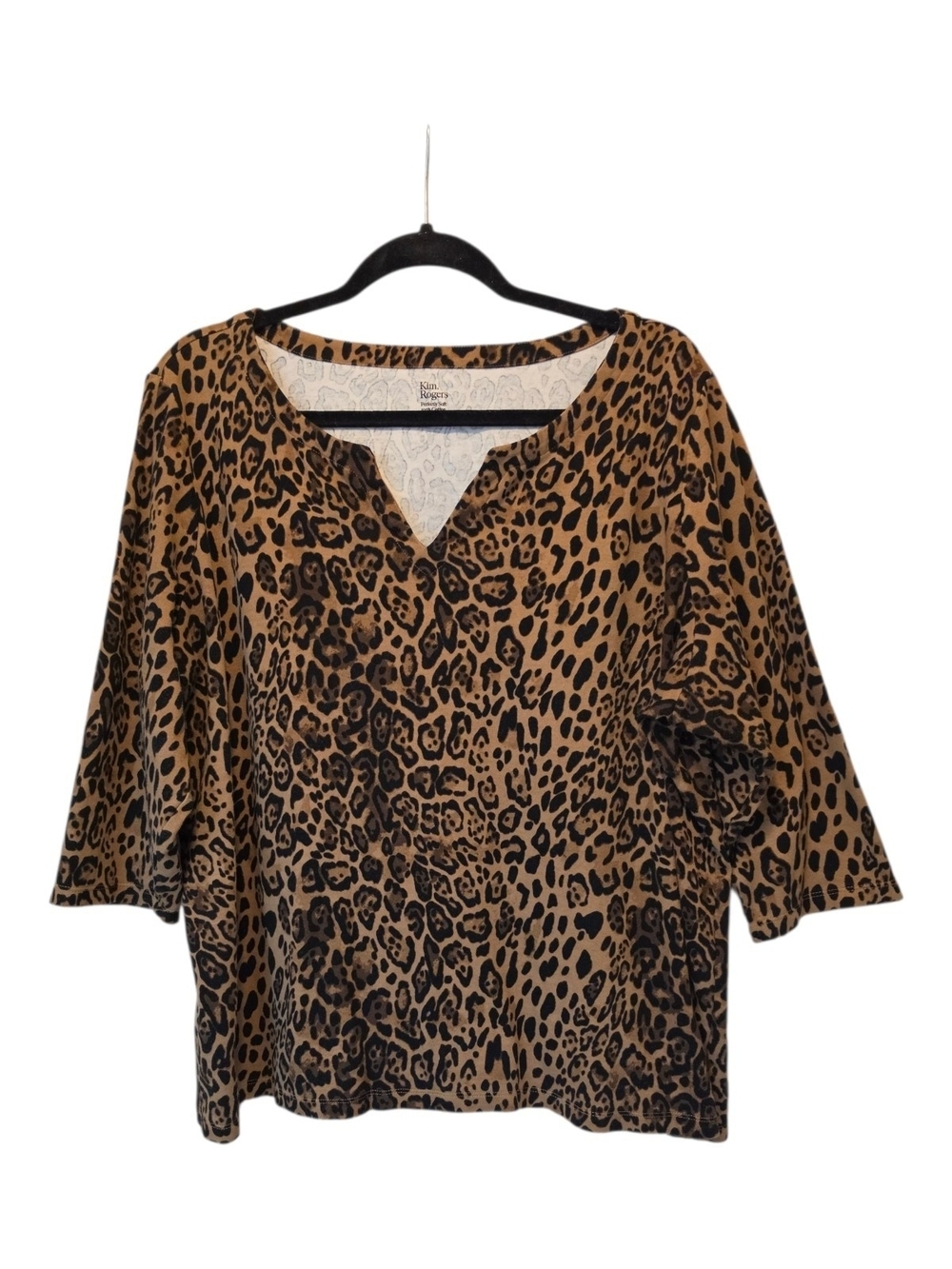 Kim Rogers Leopard Print V-Neck Super Soft Top - Tan & Black